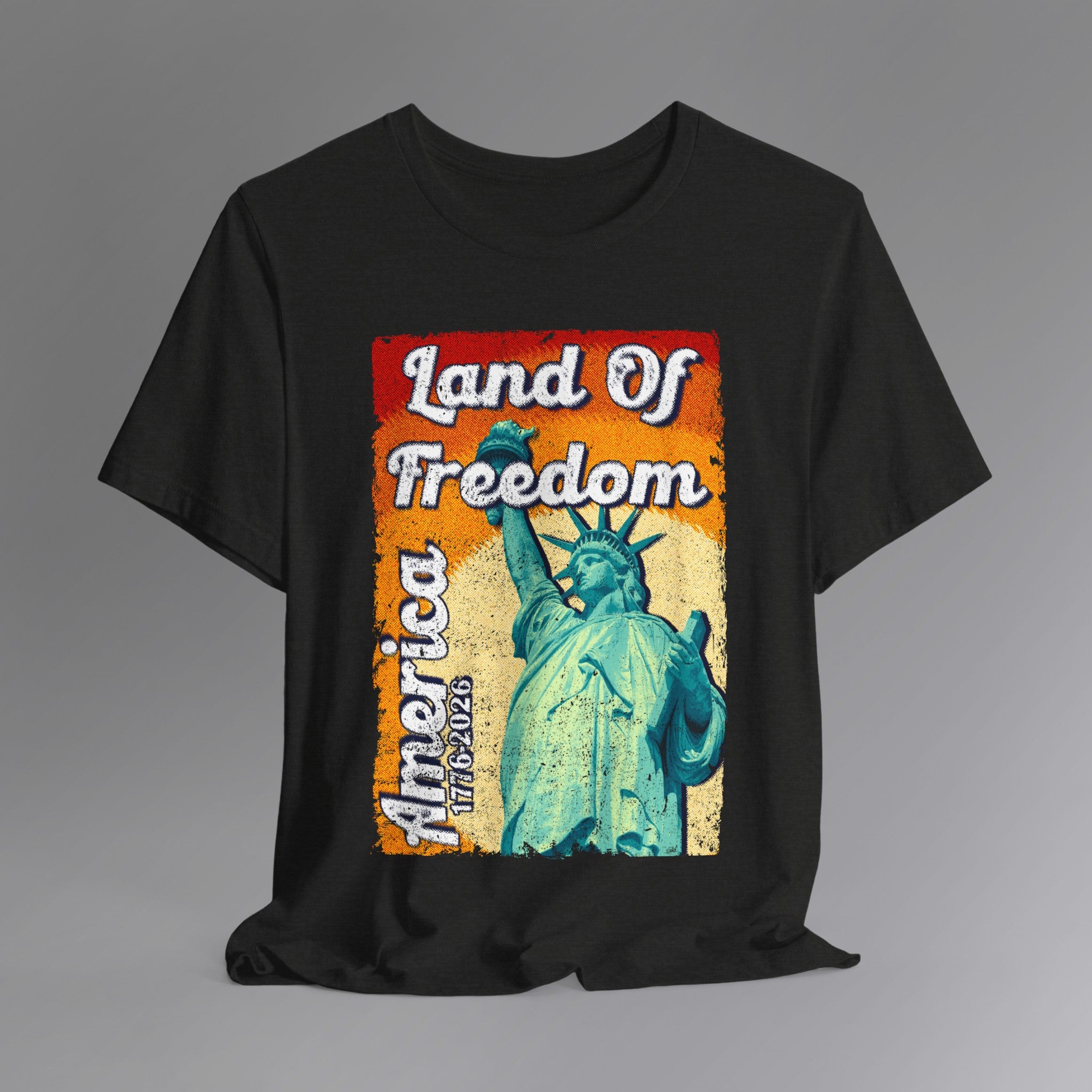Black Heather, Land of Freedom Patriotic T-Shirt, Hanging 1