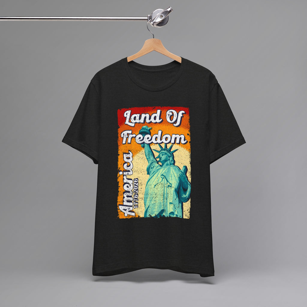 Black Heather, Land of Freedom Patriotic T-Shirt, Hanging 2