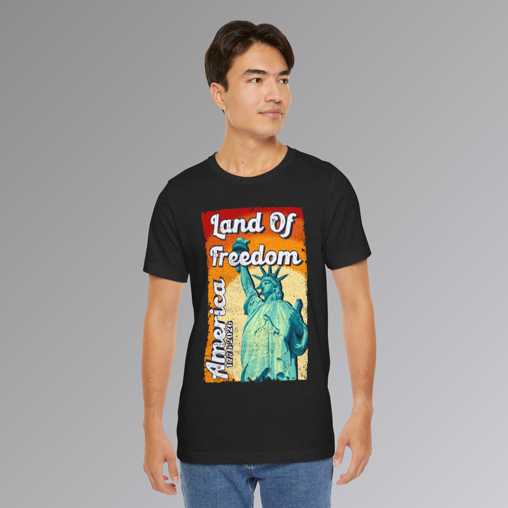 Black Heather, Land of Freedom Patriotic T-Shirt, Person 8 Front
