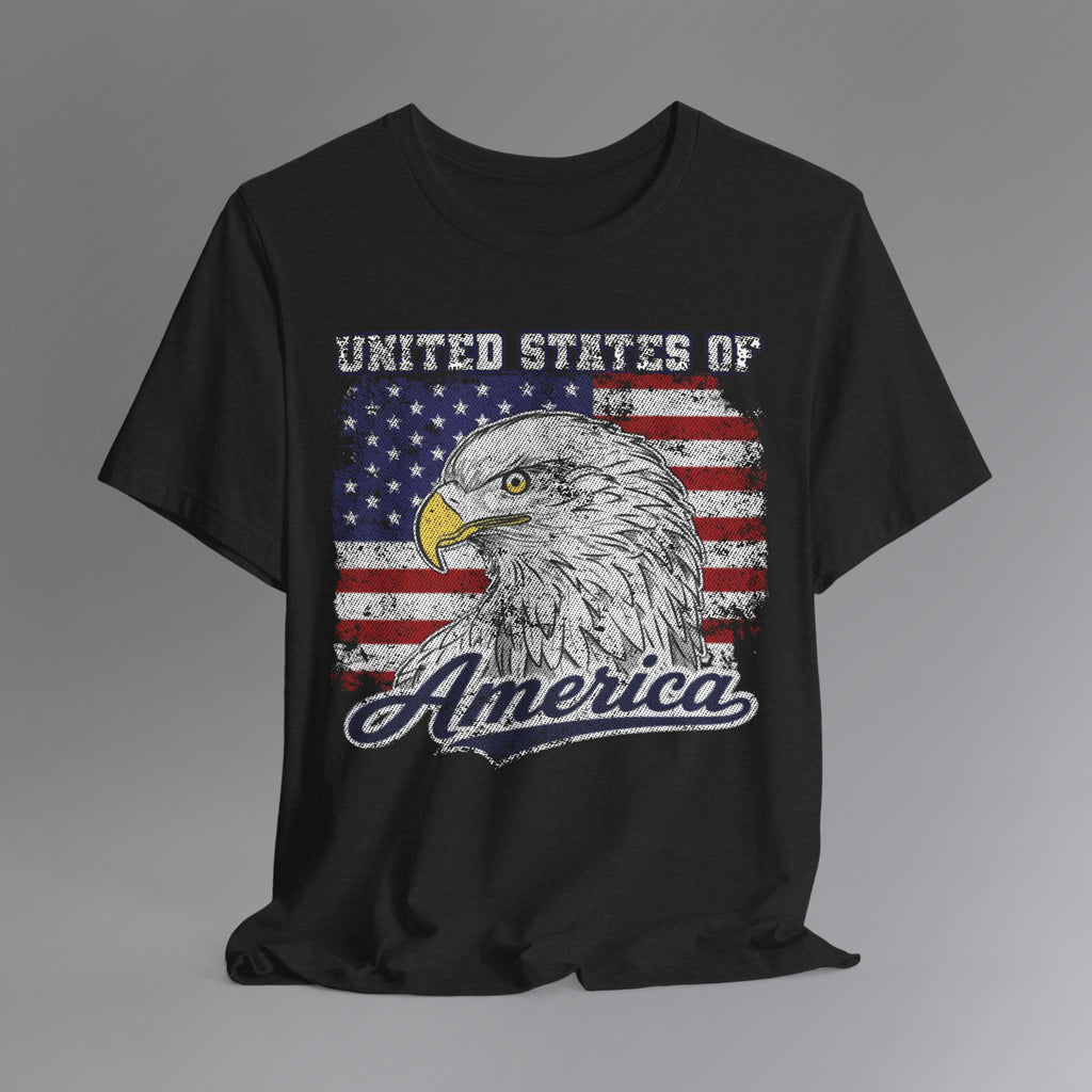 Black Heather, USA Bald Eagle Patriotic T-shirt, Hanging 1