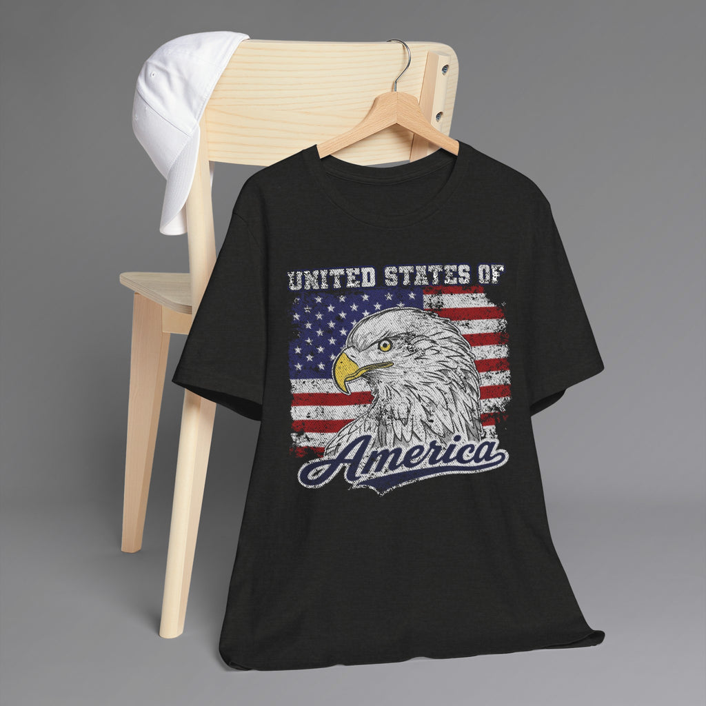 Black Heather, USA Bald Eagle Patriotic T-shirt, Hanging 3
