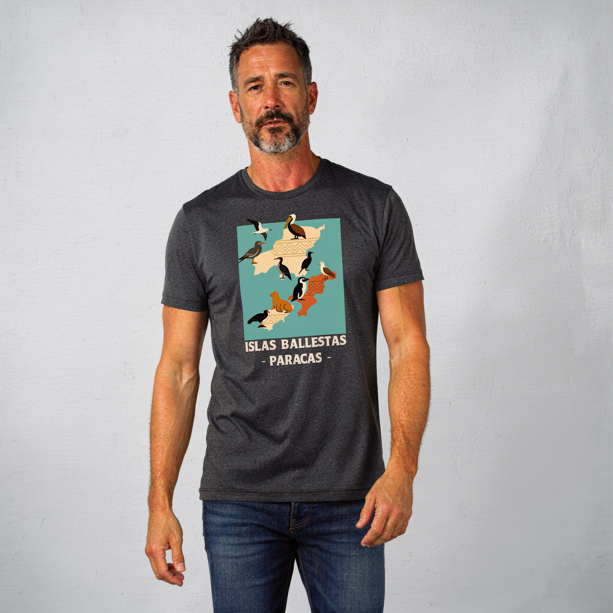 Dark Grey Heather - Men With Islas Ballestas T-Shirt Front View