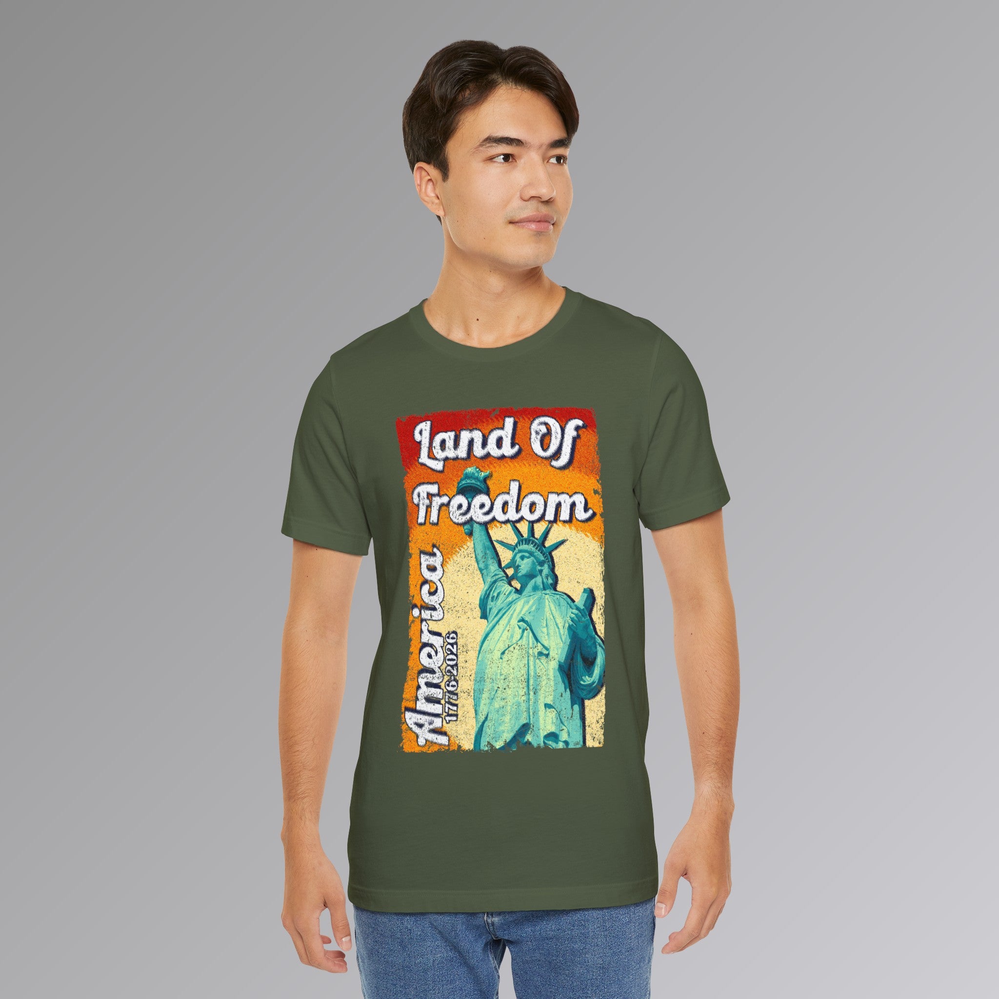 Military Green, Land of Freedom Patriotic T-Shirt, Person 8 Front