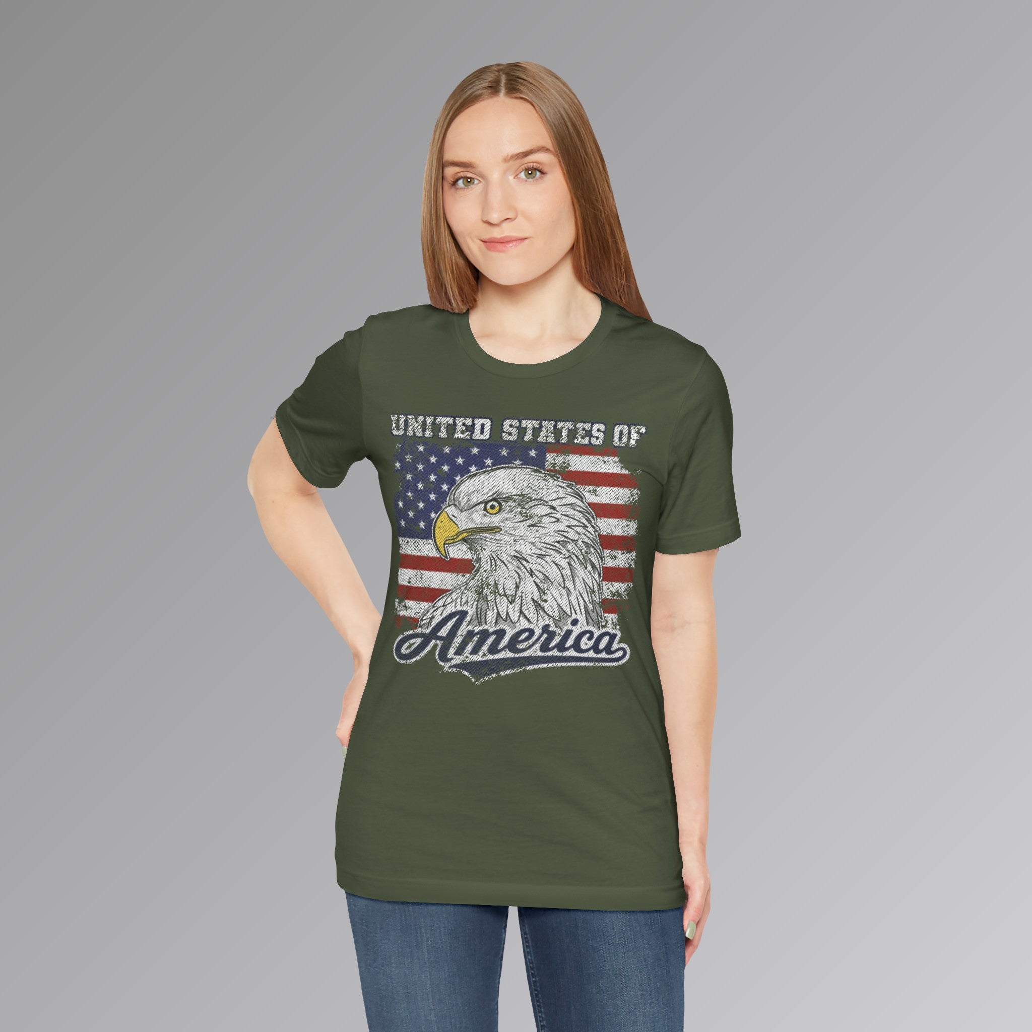 Military Green, USA Bald Eagle Patriotic T-shirt, Person 3