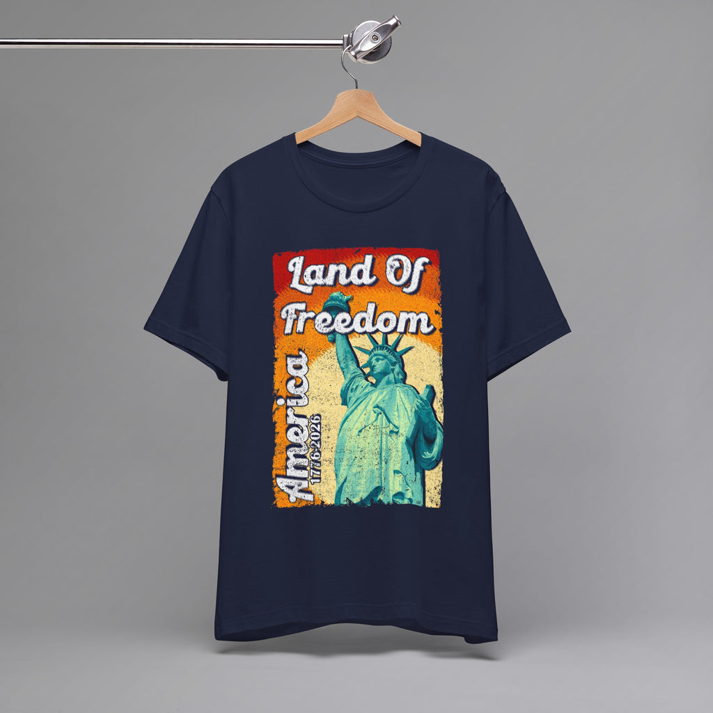 Navy, Land of Freedom Patriotic T-Shirt, Hanging 2