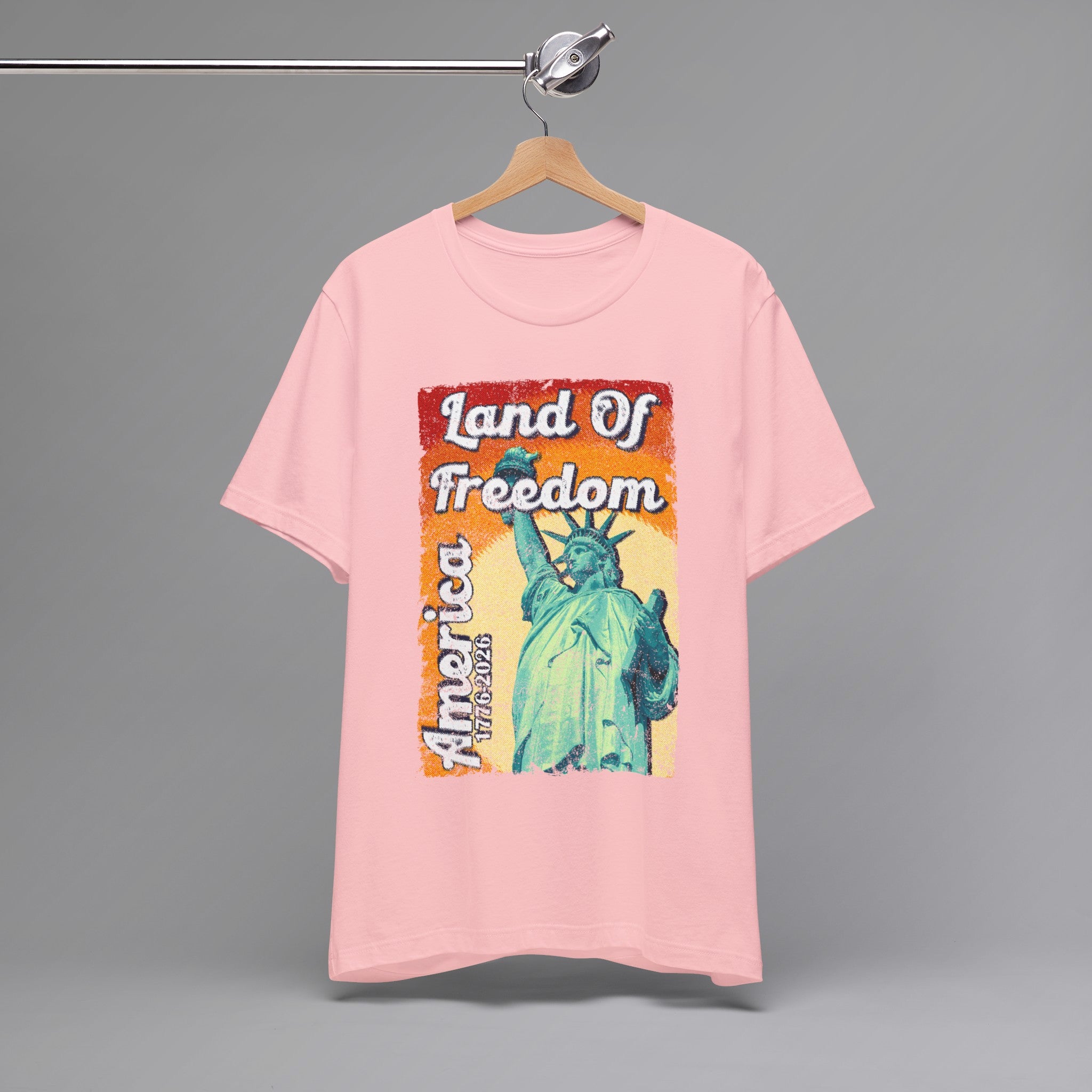 Pink, Land of Freedom Patriotic T-Shirt, Hanging 2