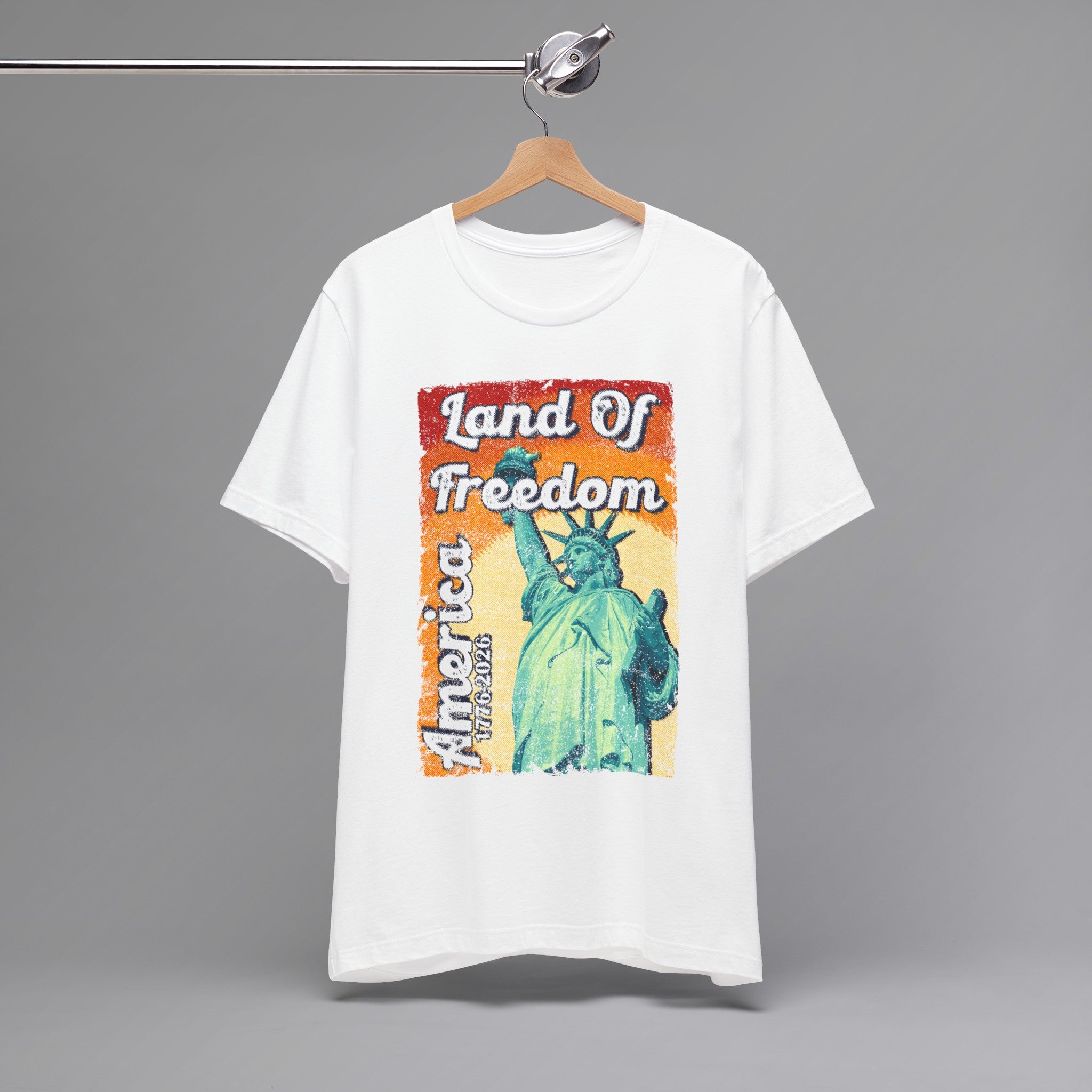 White, Land of Freedom Patriotic T-Shirt, Hanging 2